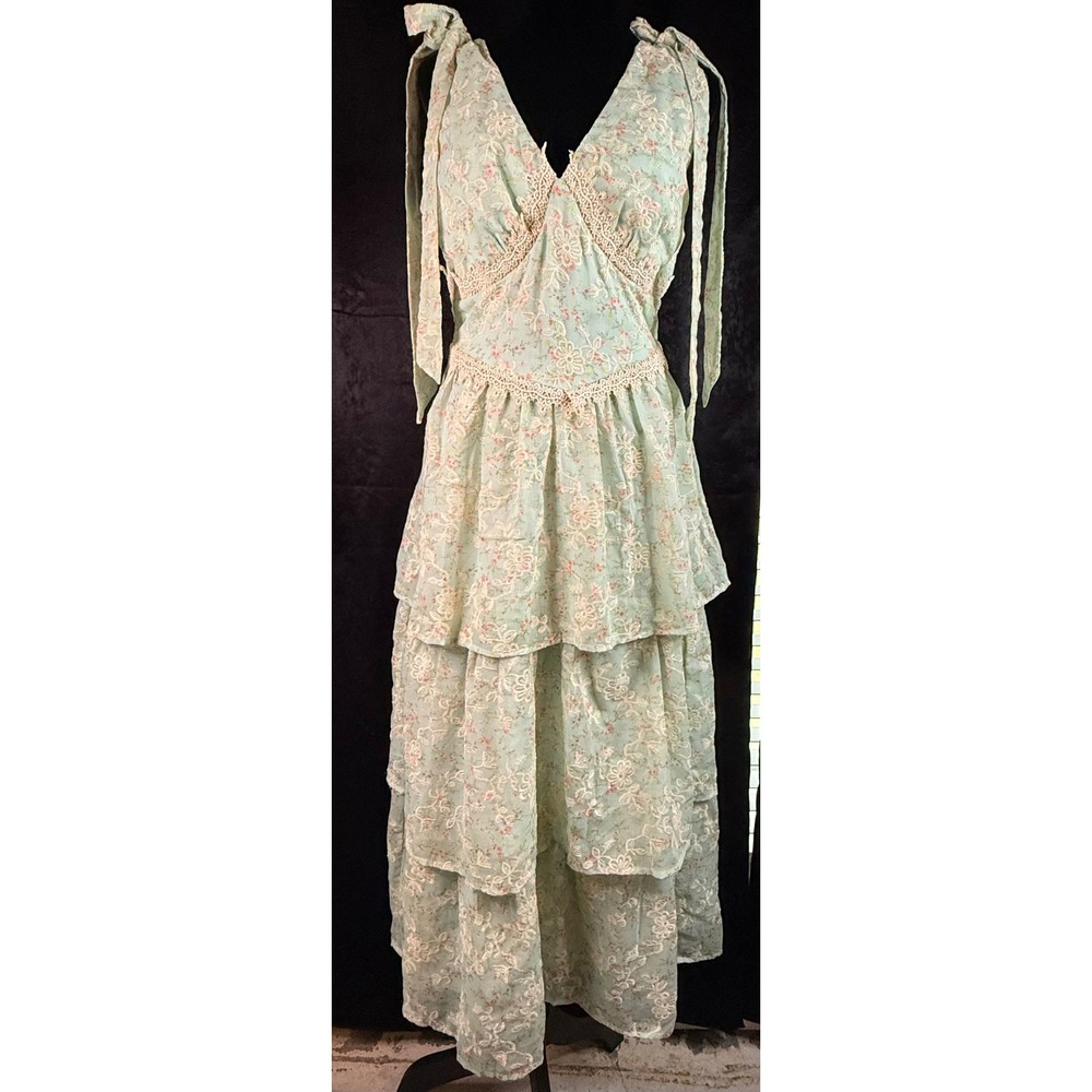 Just Me Mint Green Floral Lace Tiered Maxi Dress Cottagecore Boho JMD16411 Small